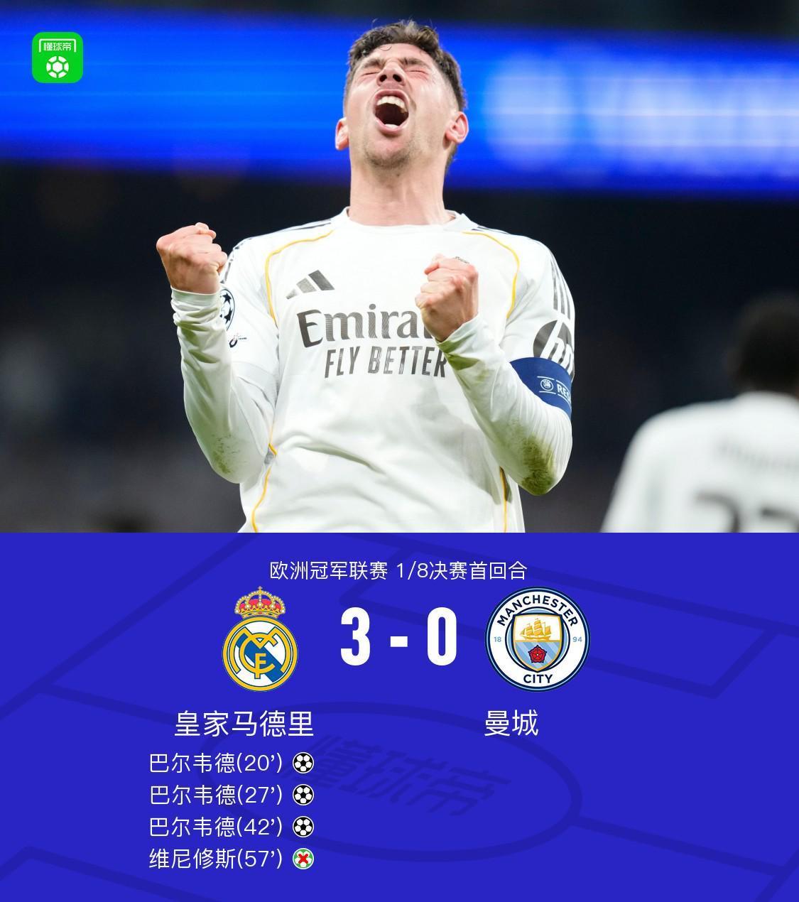 爱游戏体育登录入口-剑南春｜皇马3-0曼城，巴尔韦德半场帽子戏法，维尼修斯失点